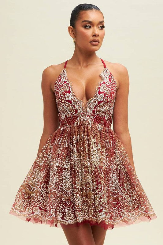Wine Glitter Floral Puff Mini Dress